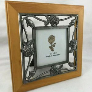 Wood & Metal Rose Pattern Desktop 3.5" Square Picture Frame Made in Indonesia
